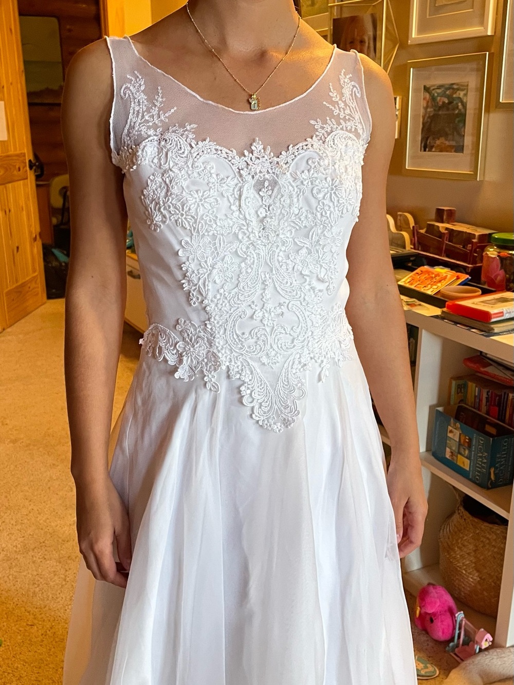 Elegant White Lace Appliqué Bridal Dress with Illusion Yoke